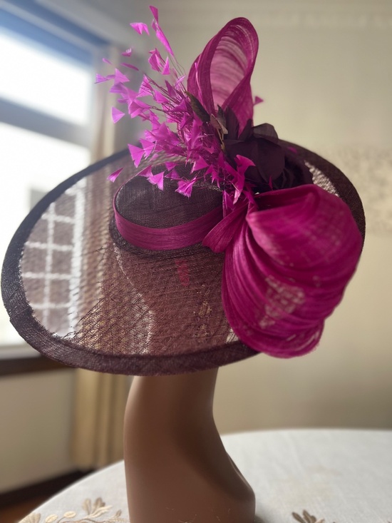 Fuchsia Pink and Deep Purple Hat Fascinator with Abaca Silk oversized bow and 10